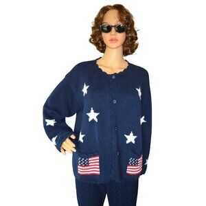 Vintage 90s Rey Wear Patriotic Star Flag Knit Cardigan Women Size M 100% Cotton